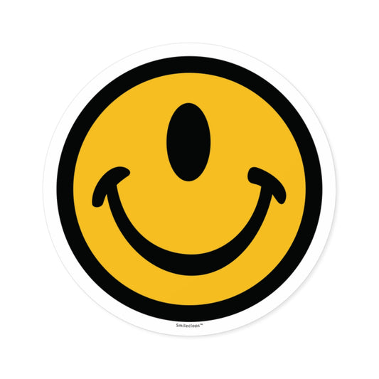 One eyed smile face round sticker by the Smileclops™ brand.