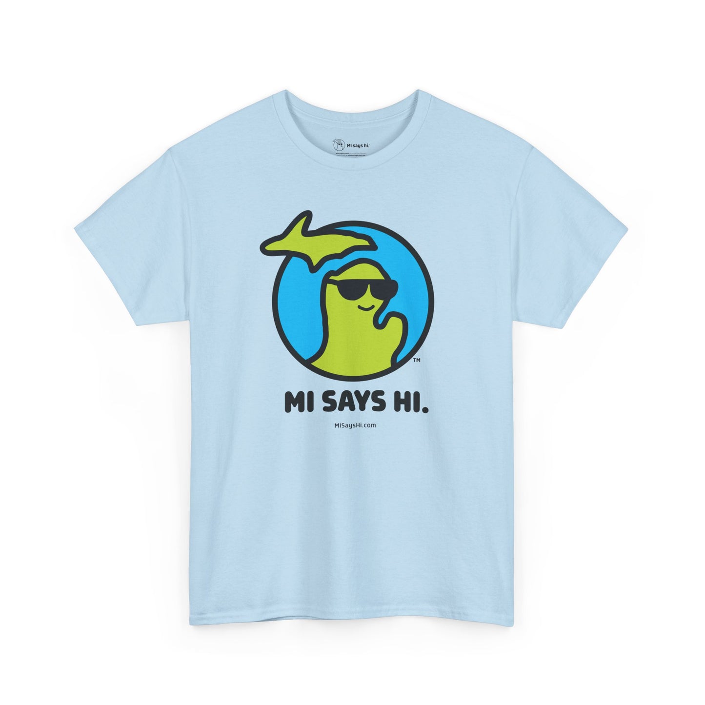 Light blue cotton t-shirt with a waving Michigan logo wearing sunglasses and smiling for the MI Says Hi brand.