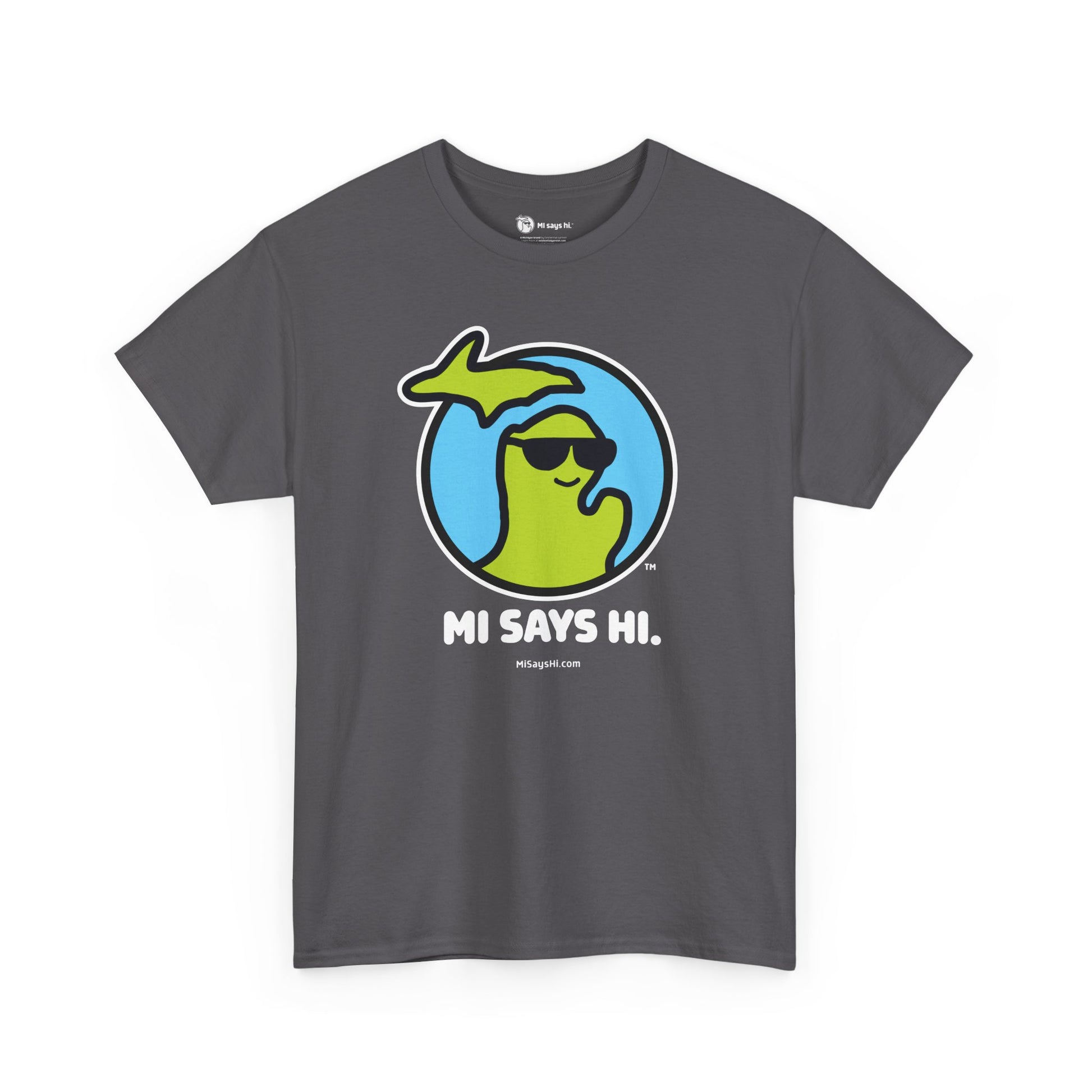 Dark gray cotton t-shirt with a waving Michigan logo wearing sunglasses and smiling for the MI Says Hi brand.