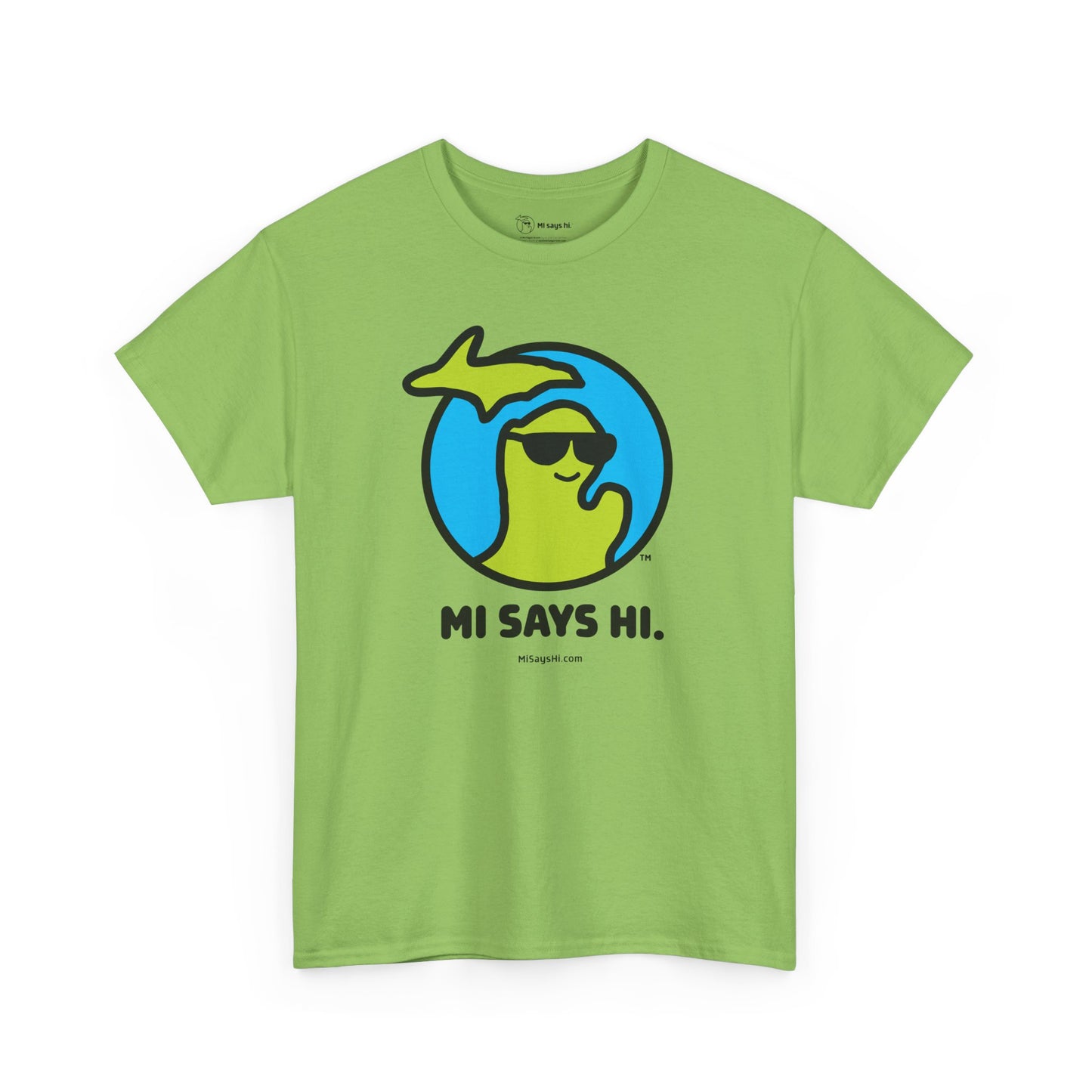 Green cotton t-shirt with a waving Michigan logo wearing sunglasses and smiling for the MI Says Hi brand.