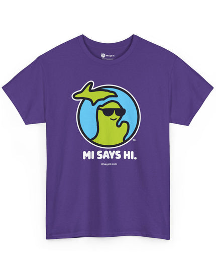 Purple cotton t-shirt with a waving Michigan logo wearing sunglasses and smiling for the MI Says Hi brand.