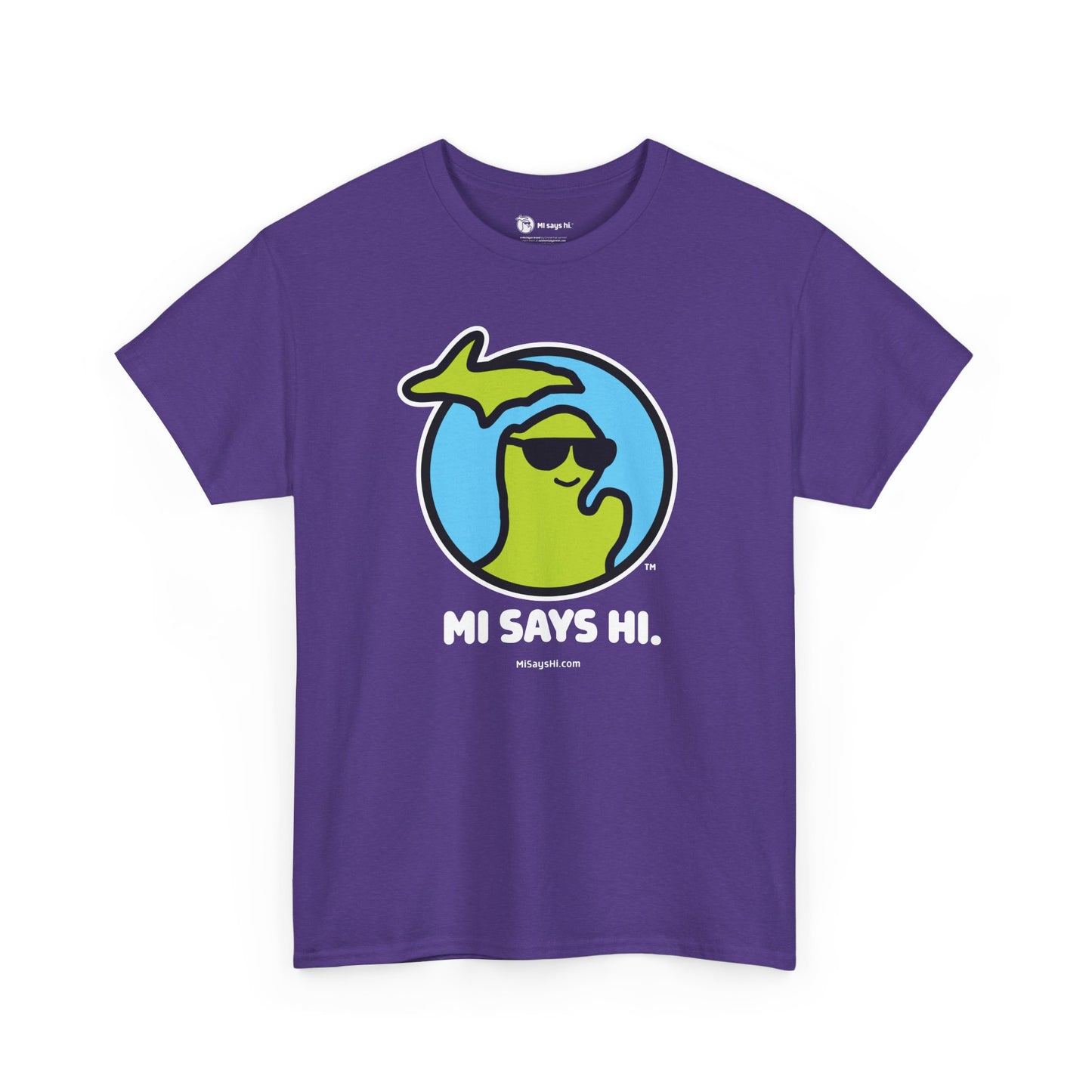 Purple cotton t-shirt with a waving Michigan logo wearing sunglasses and smiling for the MI Says Hi brand.