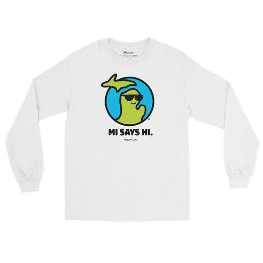 Cotton long sleeve white t-shirt with a waving Michigan logo wearing sunglasses and smiling for the MI Says Hi brand.