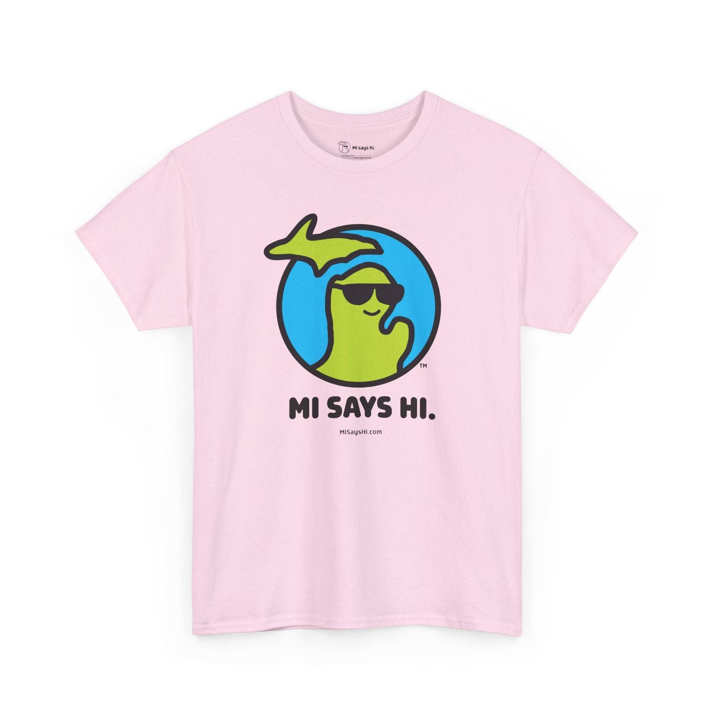 Pink cotton t-shirt with a waving Michigan logo wearing sunglasses and smiling for the MI Says Hi brand.