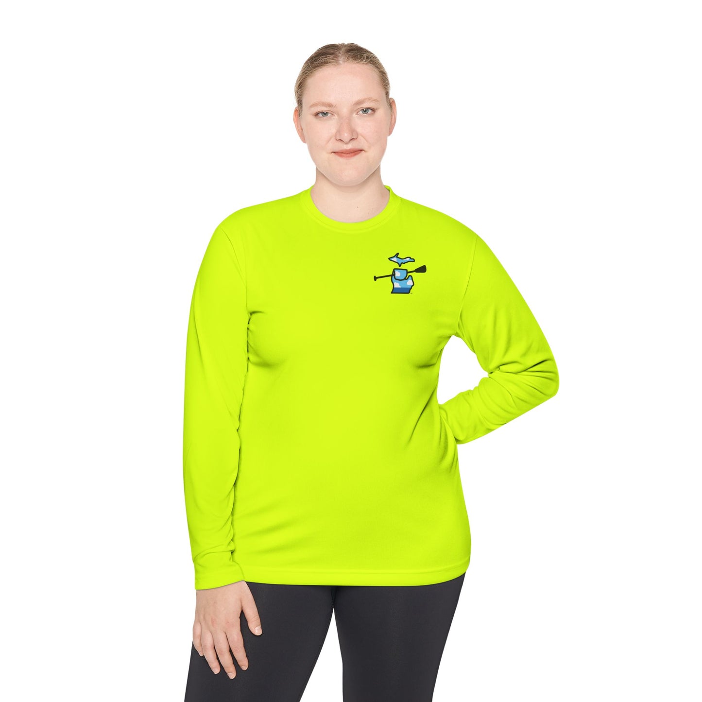 Woman wearing a Michigan moisture-wicking long sleeve t-shirt in neon yellow for kayaking, canoeing and paddleboarding with Grab Life by the Hand™ design